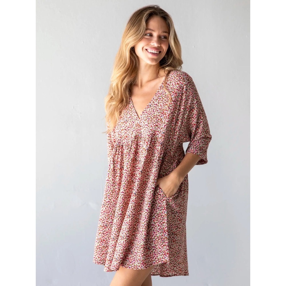 Natural Life Stella Babydoll Mini Dress Red Floral Ditsy Print Rayon Boho Small